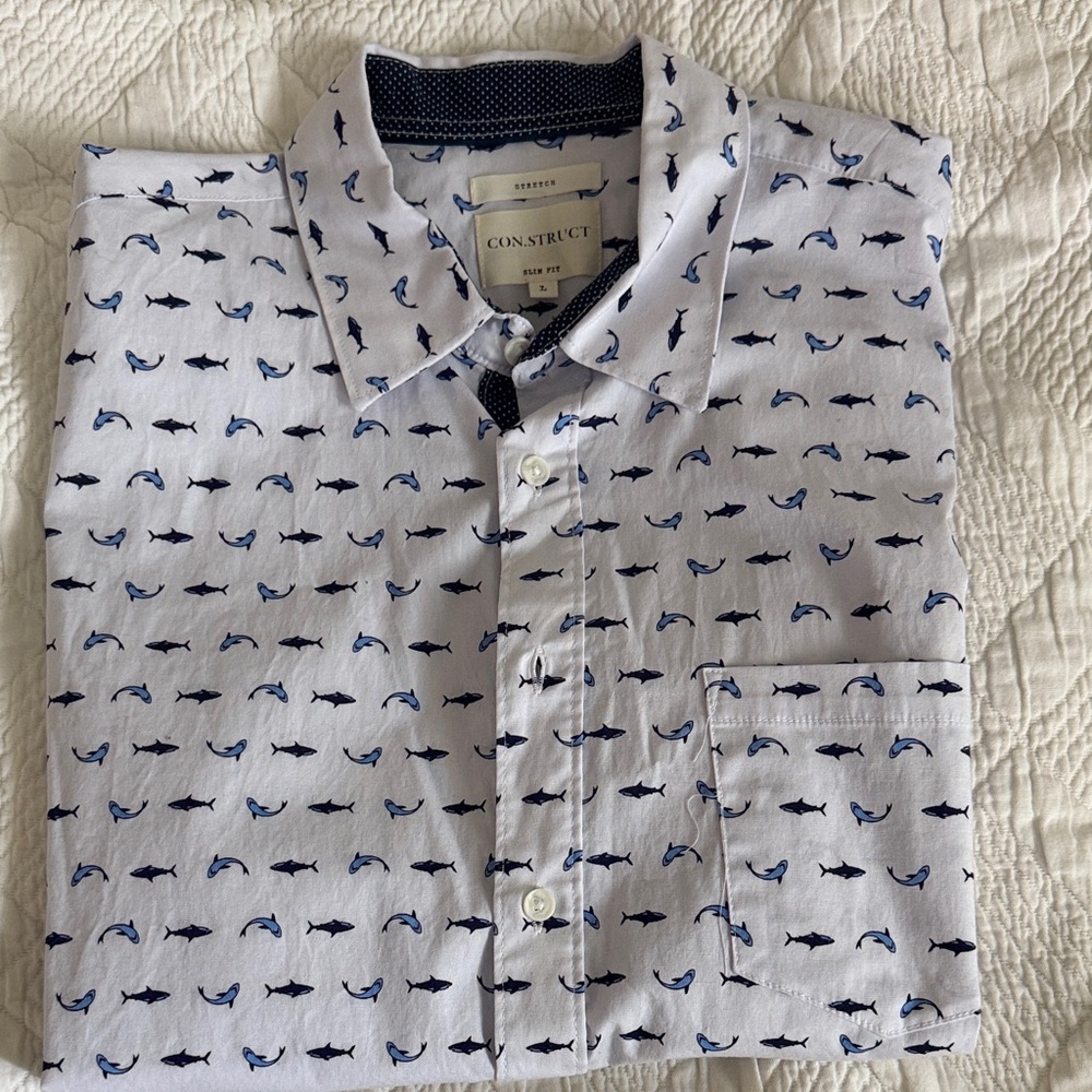 Men's Shark Patterned Button Down Shirt - White a… - image 1